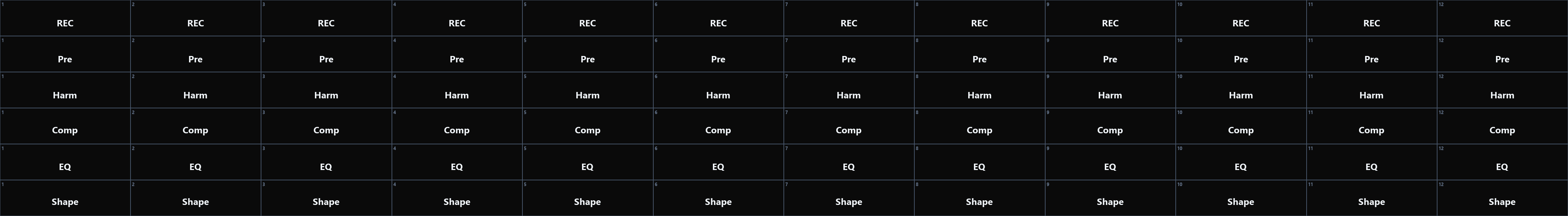 Channel strip sections: mic pre, harmonics, compressor, EQ, effects